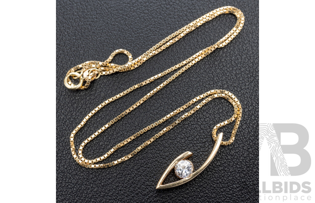 9ct Yellow Gold 5mm Cubic Zirconia Pendant and 9ct Box Link Necklace, 45cm, 4.29 Grams