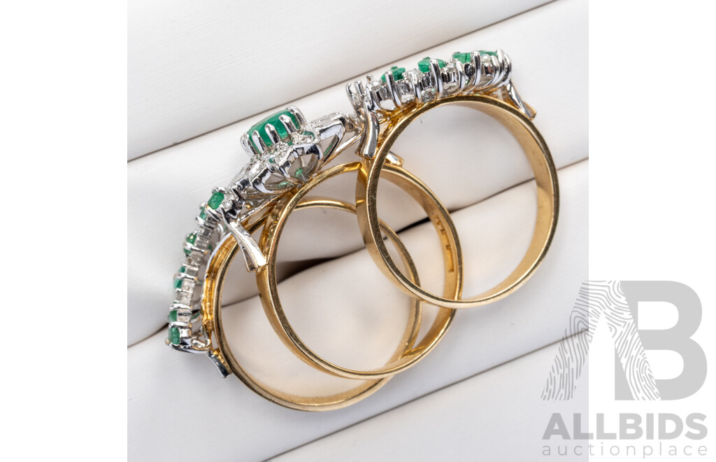 9ct Emerald & Diamond (3) Ring Bridal Set, Est TDW 0.25ct, Size L, 6.50 Grams