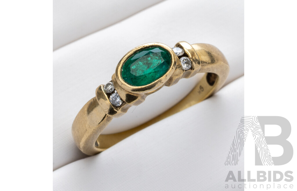 9ct Emerald & Diamond Ring, Est TDW 0.06ct, Size L, 3.23 Grams