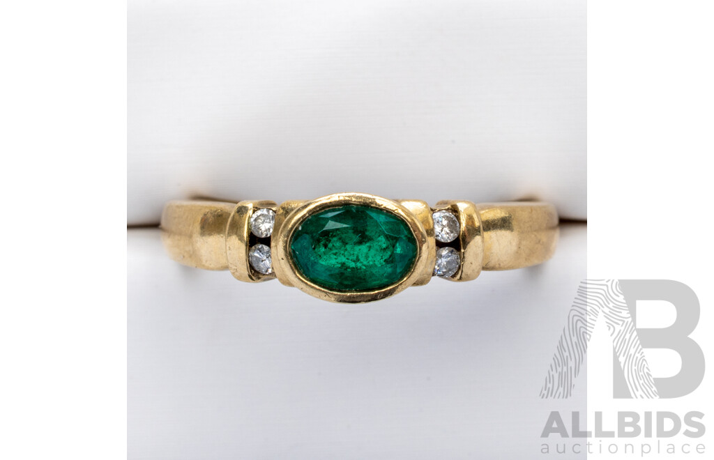 9ct Emerald & Diamond Ring, Est TDW 0.06ct, Size L, 3.23 Grams