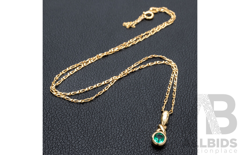 9ct Angus & Coote Cr. Emerald Drop Pendant on 9ct 1+1 Figaro Necklace, 45cm, 2.65 Grams