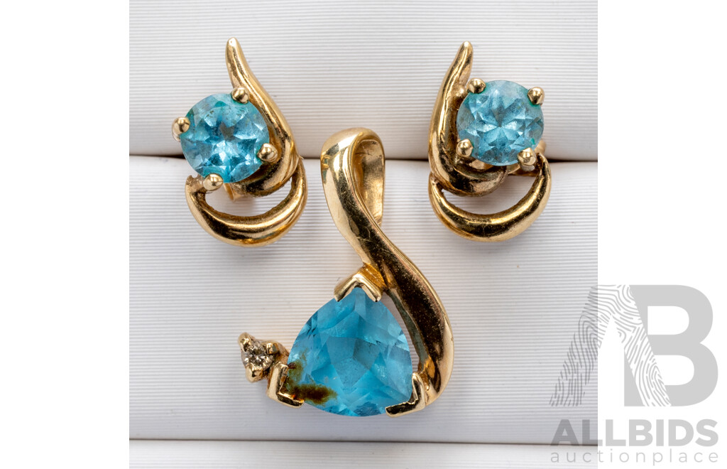9ct Light Blue Topaz & Diamond Pendant with Matching 9ct Topaz Stud Earrings, 1.87 Grams