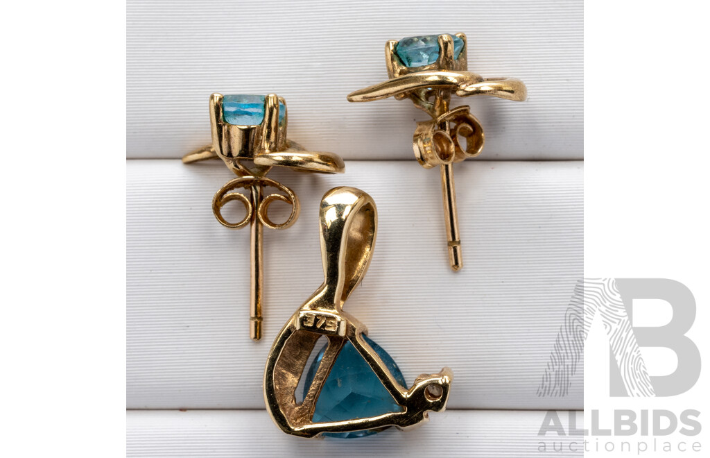 9ct Light Blue Topaz & Diamond Pendant with Matching 9ct Topaz Stud Earrings, 1.87 Grams