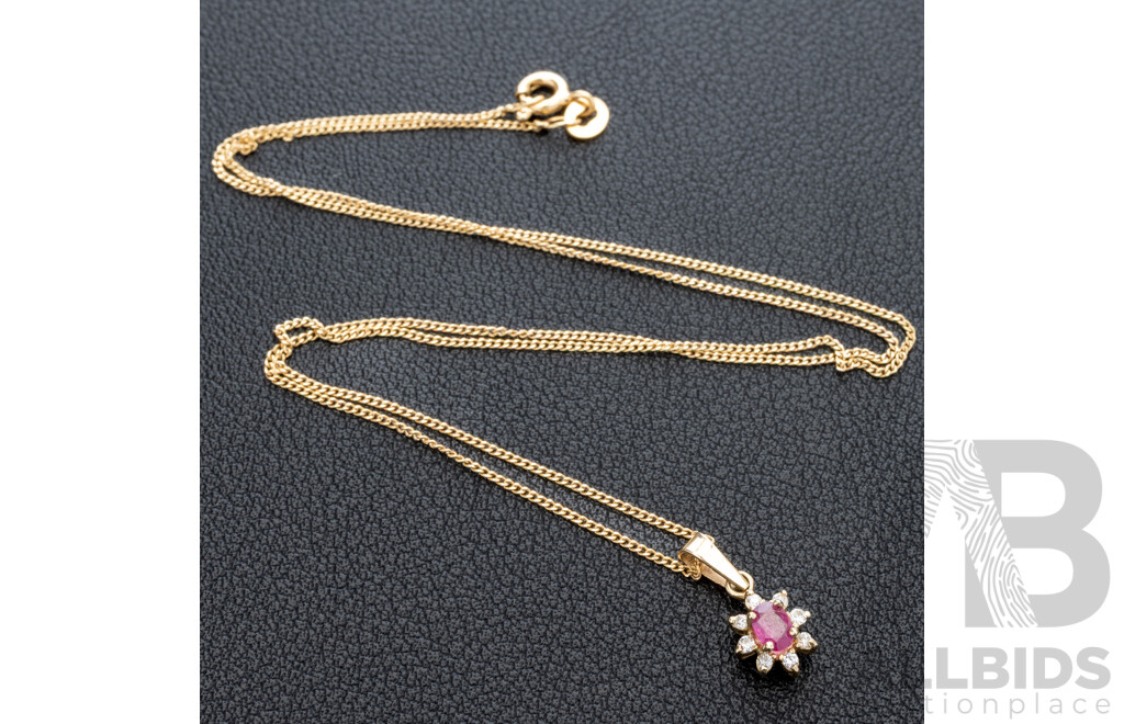 9ct Ruby & Diamond Pendant, TDW 0.10ct, on a 9ct Fine Curb Link Necklace, 45cm, 1.56 Grams