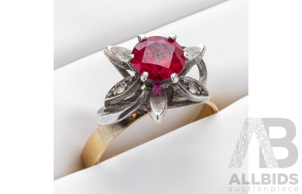 9ct Vintage Ruby & Diamond Flower Ring, TDW 0.03ct, Size N1/2, 2.99 Grams