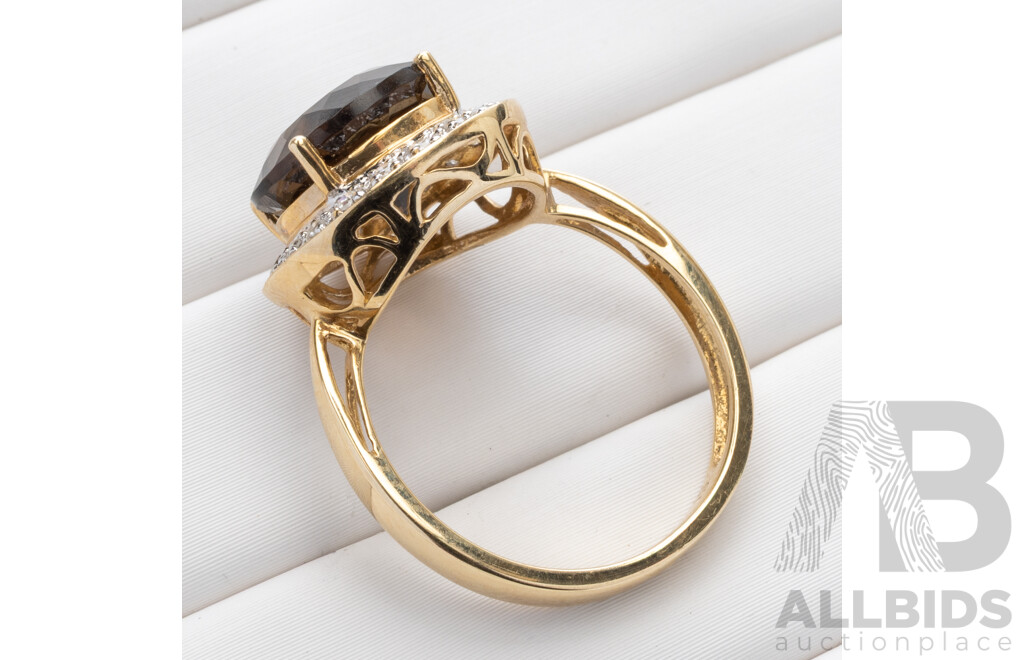 14ct Smokey Quartz & Diamond Halo Ring, Est TDW 0.10ct, as New, Size L, 3.40 Grams