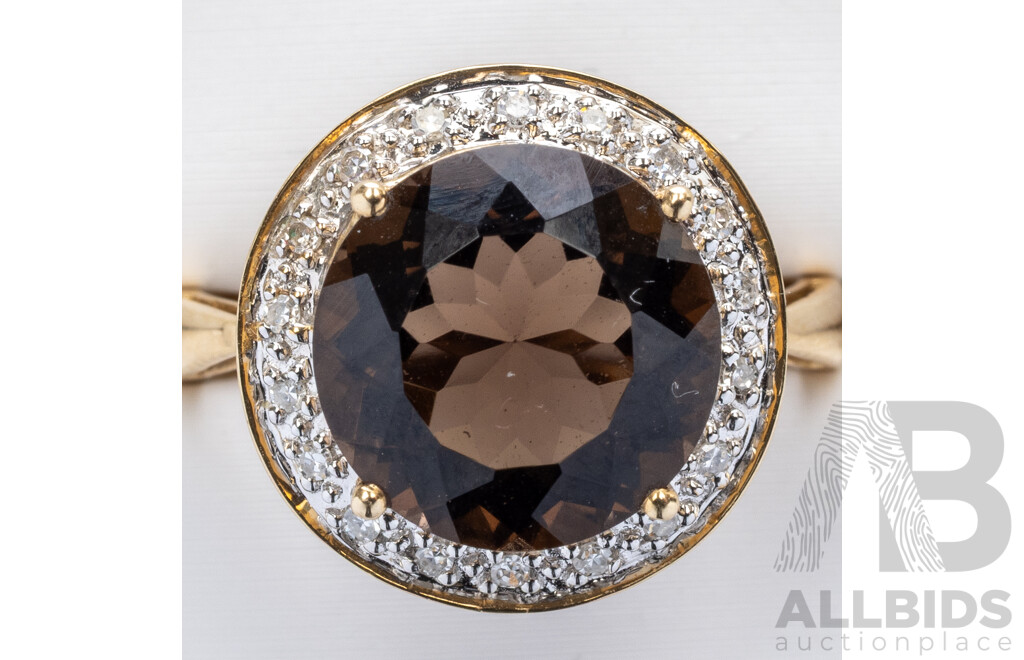 14ct Smokey Quartz & Diamond Halo Ring, Est TDW 0.10ct, as New, Size L, 3.40 Grams