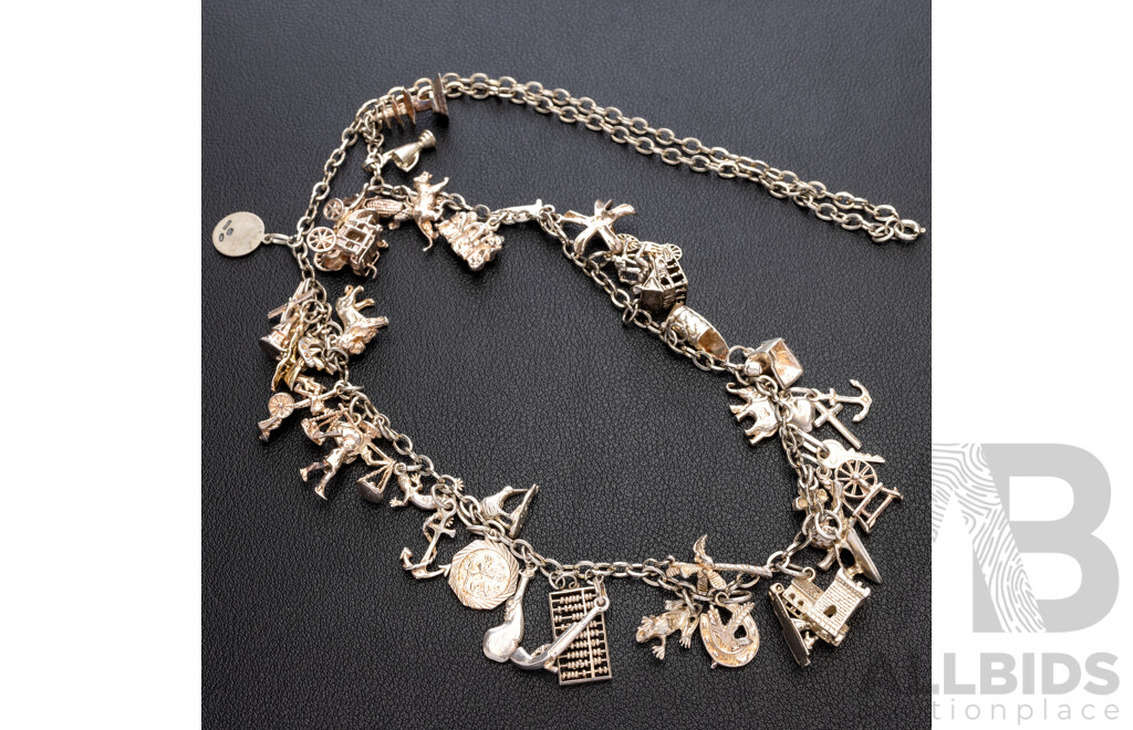 Vintage Sterling Silver Belcher Link 70cm Necklace with (37) Vintage Sterling Silver Charms, 71.46 Grams