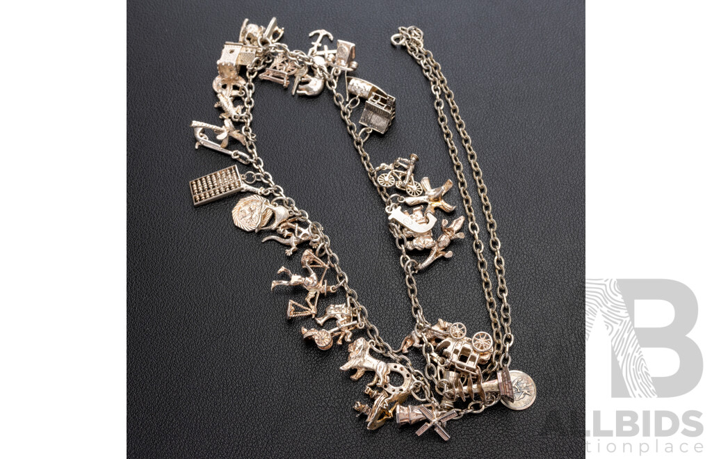 Vintage Sterling Silver Belcher Link 70cm Necklace with (37) Vintage Sterling Silver Charms, 71.46 Grams