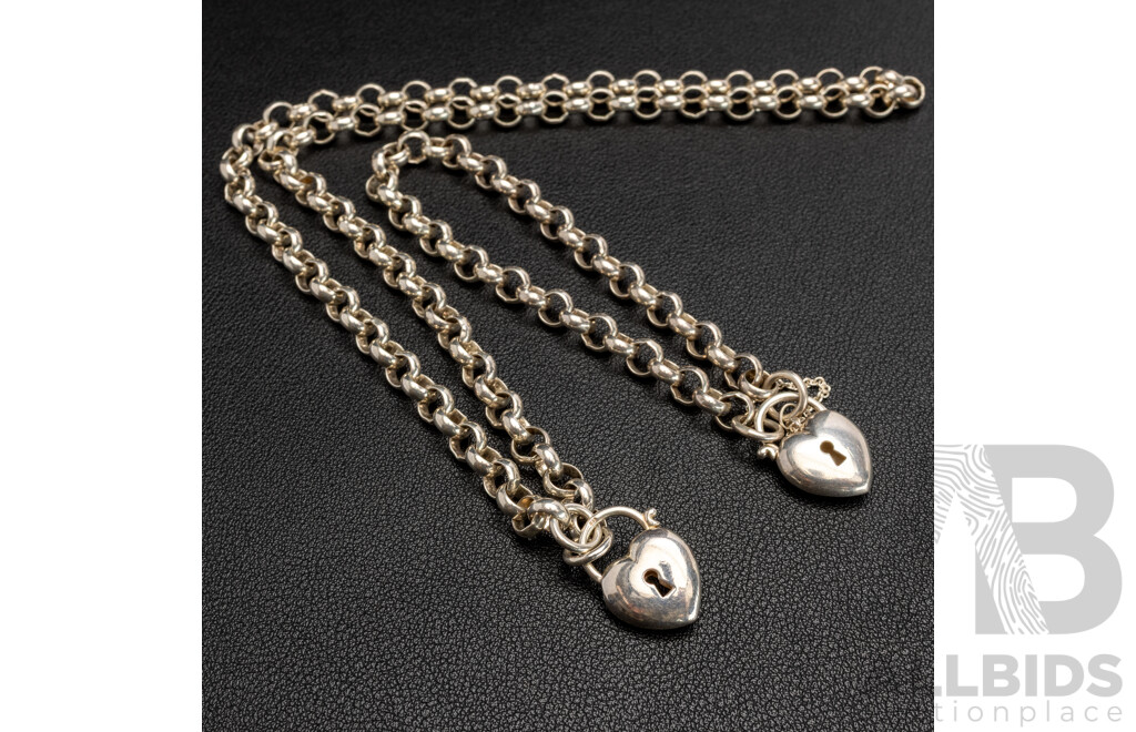 Sterling Silver Belcher Link Heart Padlock Necklace & Bracelet Set, 59.43 Grams