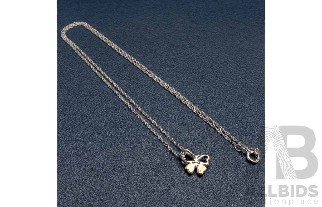 Sterling Silver & 9ct Butterfly Slider Pendant with Diamond Set Wings, on Sterling Rope Twist Necklace 45cm, 2.31 Grams