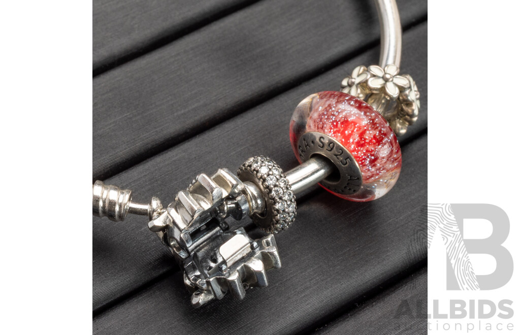 Pandora 'Moments' Sterling Silver 'The Best is Yet to Come' Bangle with Snowflake Clasp and (3) Pandora SS Charms, 16.78 Grams