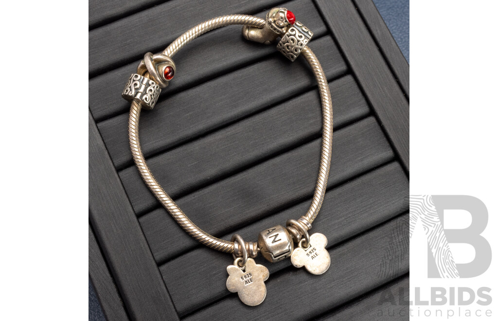 Pandora Moments Sterling Silver Snake Chain Bracelet with (6) Authentic Pandora Moments SS Charms, 29.81 Grams