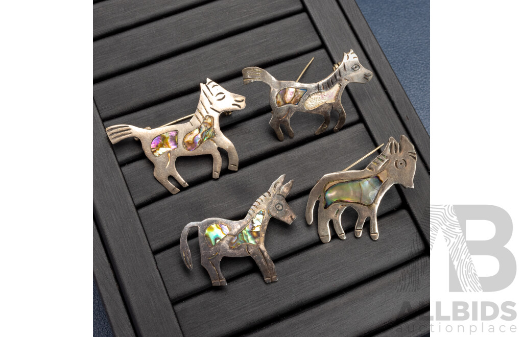 TAXCO Mexican Sterling Silver Vintage (2) Horse & (2) Donkey Inlaid Paua Shell Brooches, 11.23 Grams