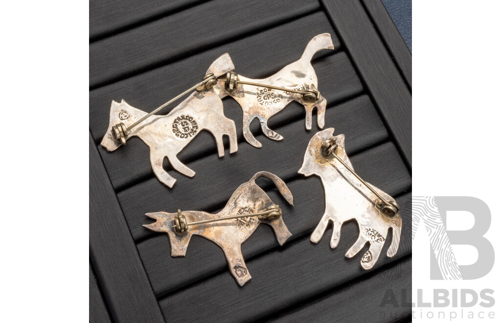 TAXCO Mexican Sterling Silver Vintage (2) Horse & (2) Donkey Inlaid Paua Shell Brooches, 11.23 Grams
