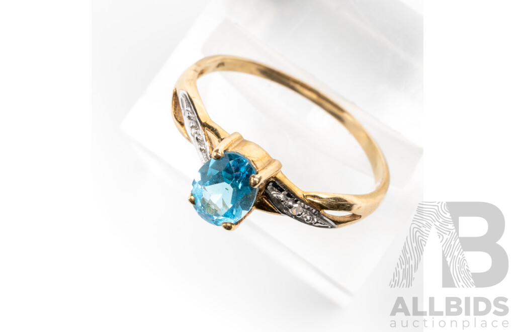 9ct Swiss Blue Topaz & Diamond Ring, TDW 0.01ct, Size P, 1.62 Grams