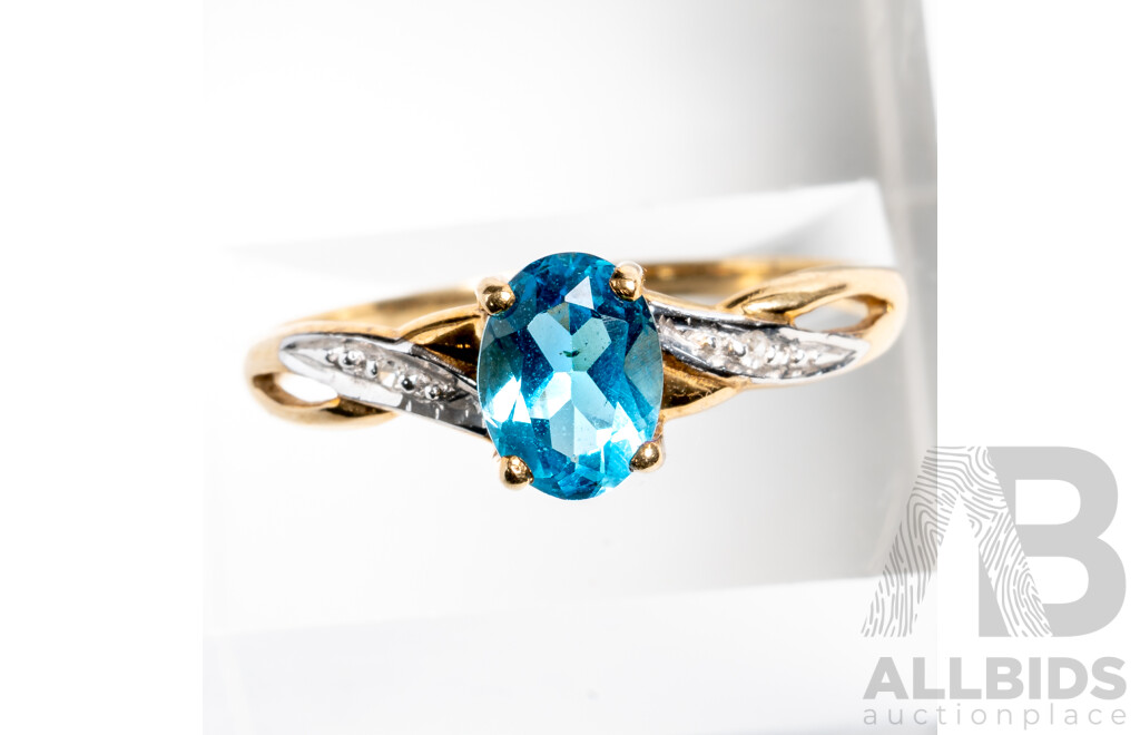 9ct Swiss Blue Topaz & Diamond Ring, TDW 0.01ct, Size P, 1.62 Grams