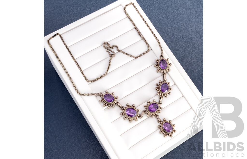 Sterling Silver Vintage Ornate Amethyst Drop Fixed Pendant Necklace, 50cm, 31.24 Grams
