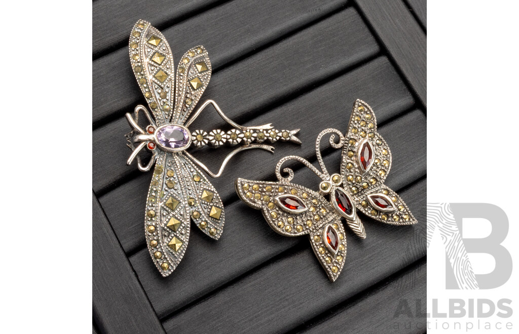 Sterling Silver Gemset Dragonfly & Butterfly Brooches, 14.17 Grams