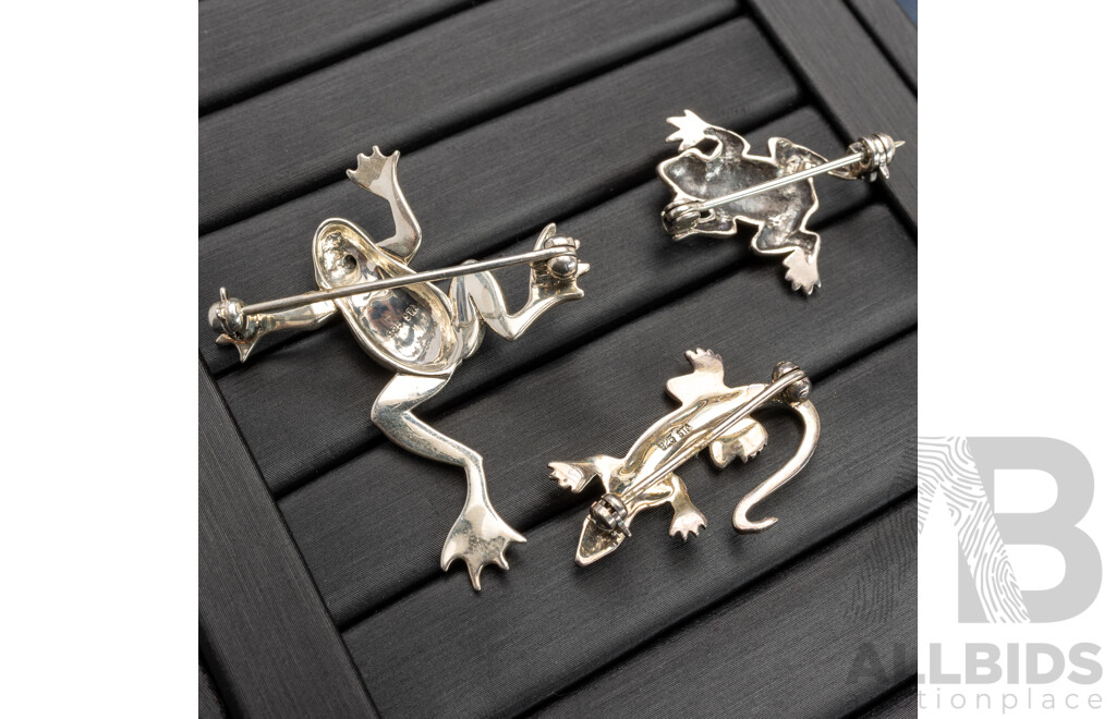 Sterling Silver Marcasite Lizard & (2) Frog Brooches, 14.73 Grams