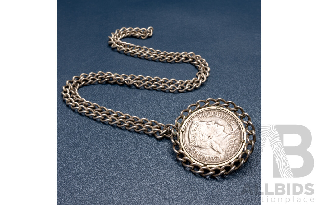 Sterling Silver 1932 Latvia 5 Lati Silver Coin Pendant on 75cm Sterling Chain, 91.06 Grams