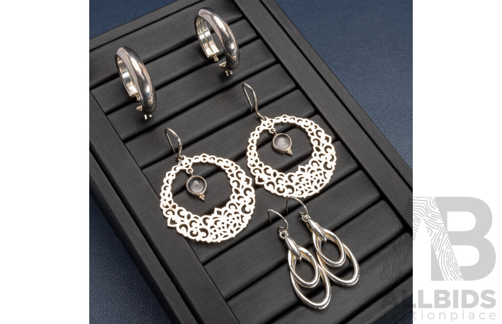 Collection of (3) Pairs of Sterling Silver Earrings, as New Including Moonstones, 25.52 Grams