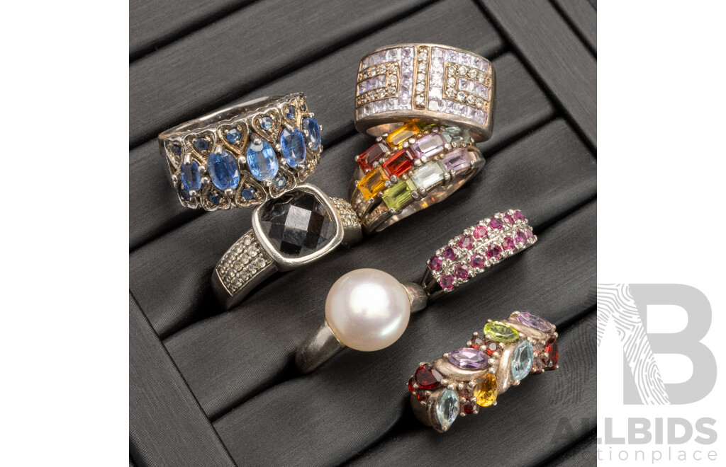 Collection of (7) Sterling Silver Gem Set Rings, 41.85 Grams
