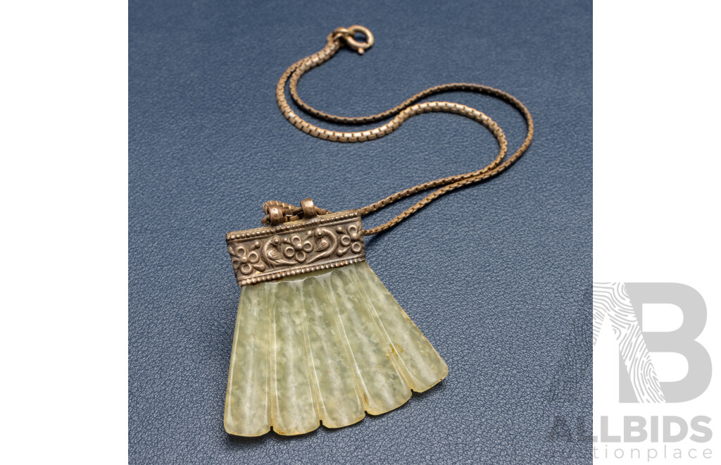 Vintage Burmese Carved Jade Monkey Pendant, Sterling Silver Necklace, 18.03 Grams