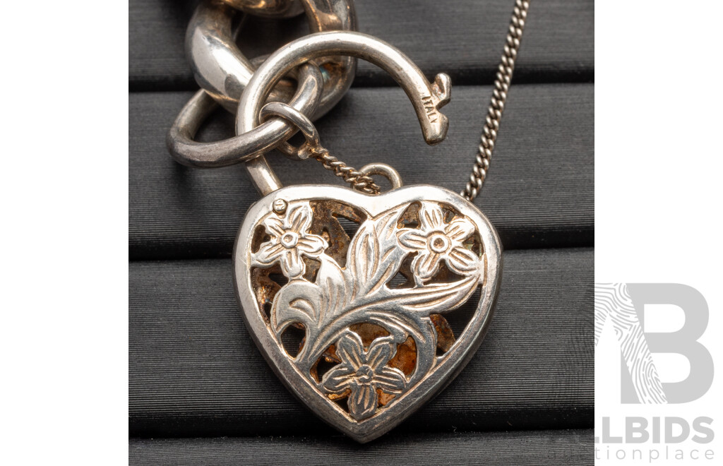 Sterling Silver Heavy Curb Link Heart Padlock Bracelet, 18cm, 52.60 Grams