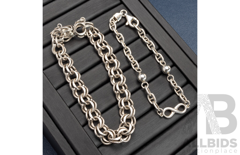 Sterling Silver Double Cuban Link Bracelet, 18cm & Sterling Silver Infinity Bracelet, 19cm, 24.15 Grams