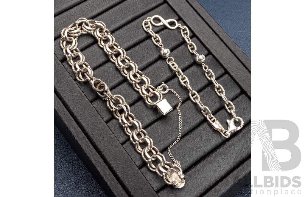 Sterling Silver Double Cuban Link Bracelet, 18cm & Sterling Silver Infinity Bracelet, 19cm, 24.15 Grams