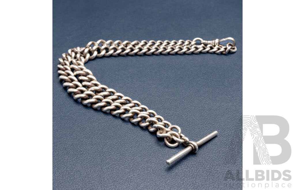 Antique Sterling Silver Graduating Curb Link Fob Chain with T-Bar Pendant and Albert Clasp, 45cm, Birmingham 1912, 74.12 Grams