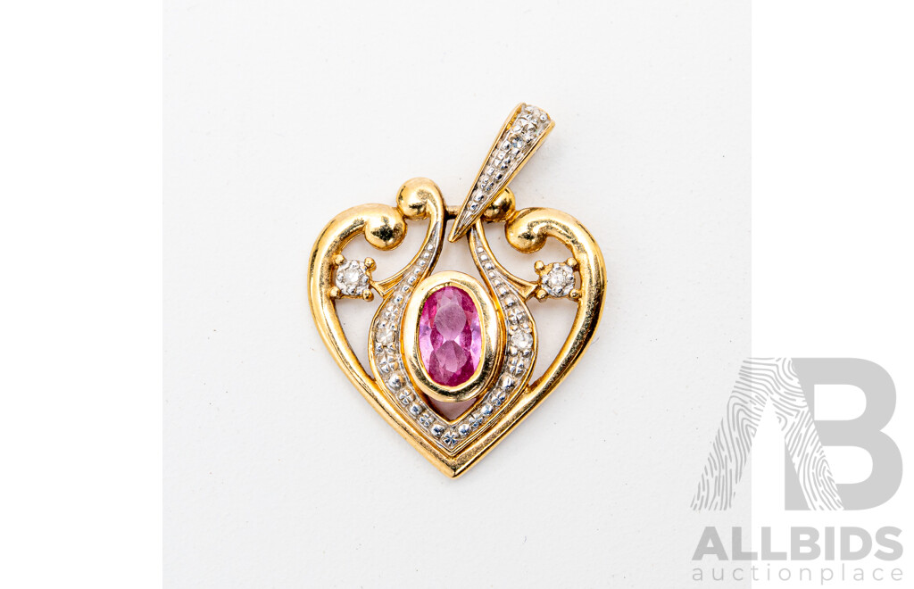 9ct Diamond Set Pink Cz Heart Pendant, TDW 0.025ct, 20mm, 1.14 Grams - as New