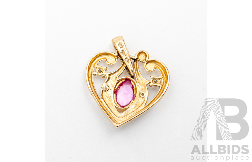 9ct Diamond Set Pink Cz Heart Pendant, TDW 0.025ct, 20mm, 1.14 Grams - as New