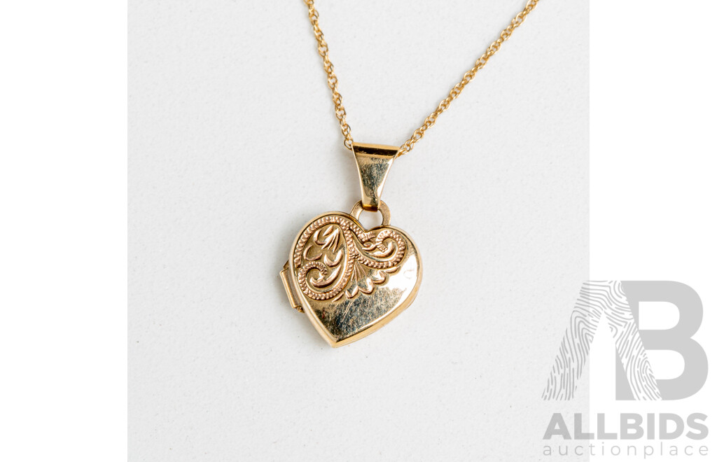 9ct Embossed Heart Shaped Locket, 10mm, on 10K Rope Twist Chain, 45cm, 1.13 Grams - as New