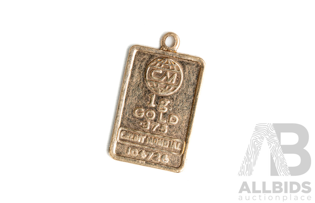 9ct CM 1g Gold Ignot .375 Credit Mondial 104726 Pendant, 1.08 Grams