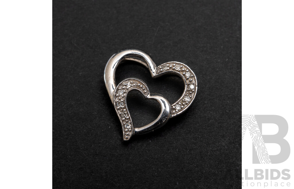 9ct White Gold Diamond Set Double Floating Heart Pendant, TDW 0.10ct, 16mm, 1.18 Grams