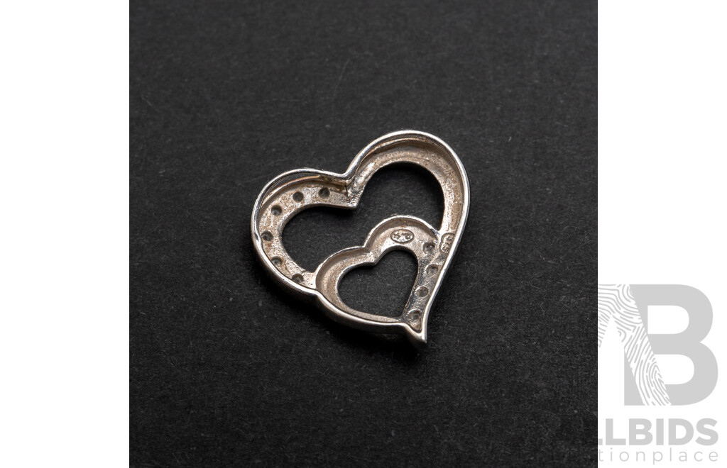 9ct White Gold Diamond Set Double Floating Heart Pendant, TDW 0.10ct, 16mm, 1.18 Grams