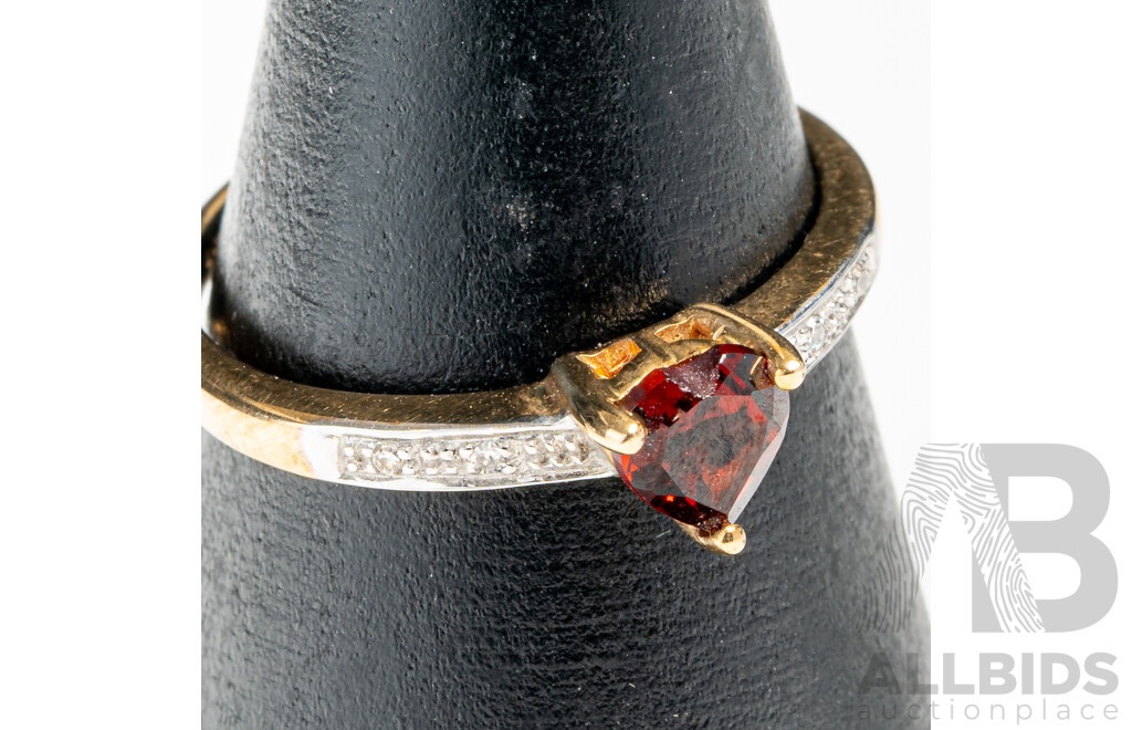 9ct Garnet & Diamond Set Heart Cut Ring, Size N, 1.54 Grams