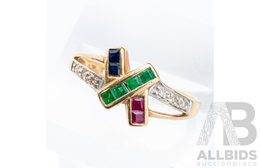 9ct Cluster Ring with Sapphire, Emerald, Ruby & Diamond, TDW 0.03ct, Size N, 2.05 Grams