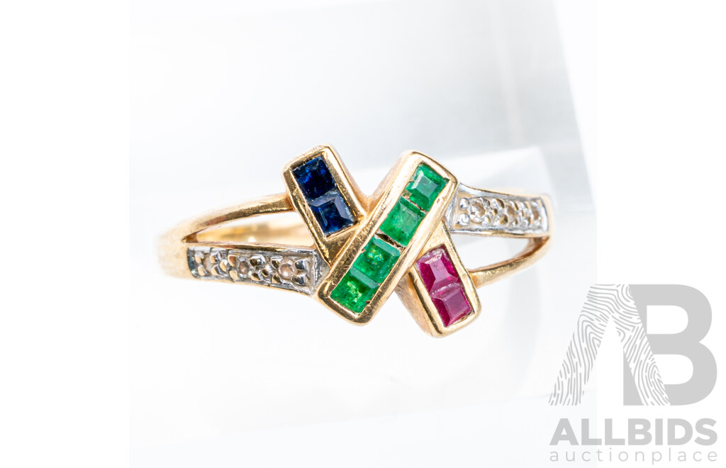 9ct Cluster Ring with Sapphire, Emerald, Ruby & Diamond, TDW 0.03ct, Size N, 2.05 Grams