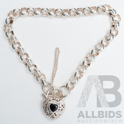 Sterling Silver Belcher Link Bracelet with Sapphire Set Filigree Heart Padlock, 20cm, 18.96 Grams - as New