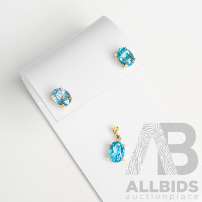 14ct Swiss Blue Topaz Pendant & Stud Earrings Set, 4.51ct, 3.02 Grams