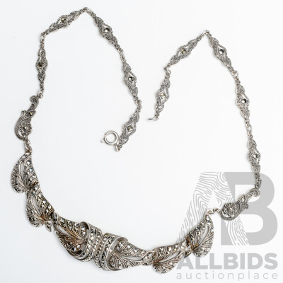 Vintage German Sterling Silver Art Nouveau Marcasite Necklace, 38cm, 24.75 Grams