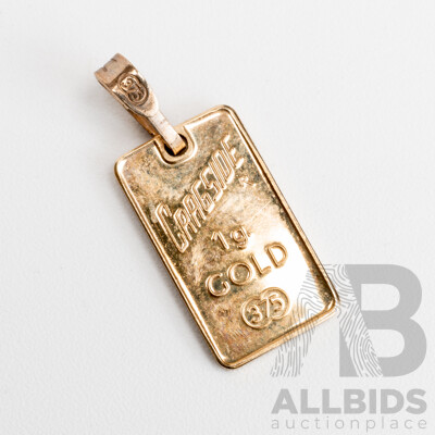 9ct Cragside 1g 375 Gold Ignot Pendant, Hallmarked with Lion Symbol on Reverse, 15mm Long, 1.34 Grams