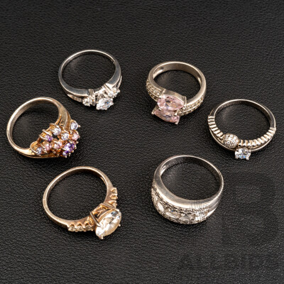 Collection of (6) Sterling Silver Cz Rings, Sizes M/P/Q/R/S, 26.92 Grams