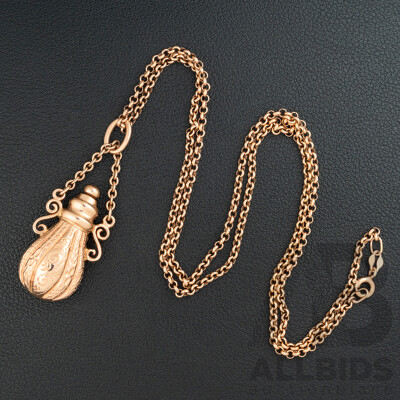 9ct Rose Gold Perfume/Snuff Bottle Pendant 50mm, on 9ct Belcher Link Necklace, 56cm, 16.73 Grams