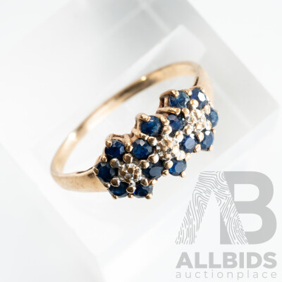 9ct Vintage Sapphire & Diamond Daisy Cluster Ring, Size O, 1.93 Grams