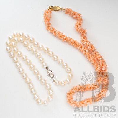 Sterling Silver Vintage Cultured Pearl Necklace and Vintage Coral Beaded Twist Necklace