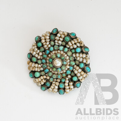 Stunning Antique Austro Hungarian Persian Turquoise & Seed Pearl Brooch, 800 Silver, 9.91 Grams